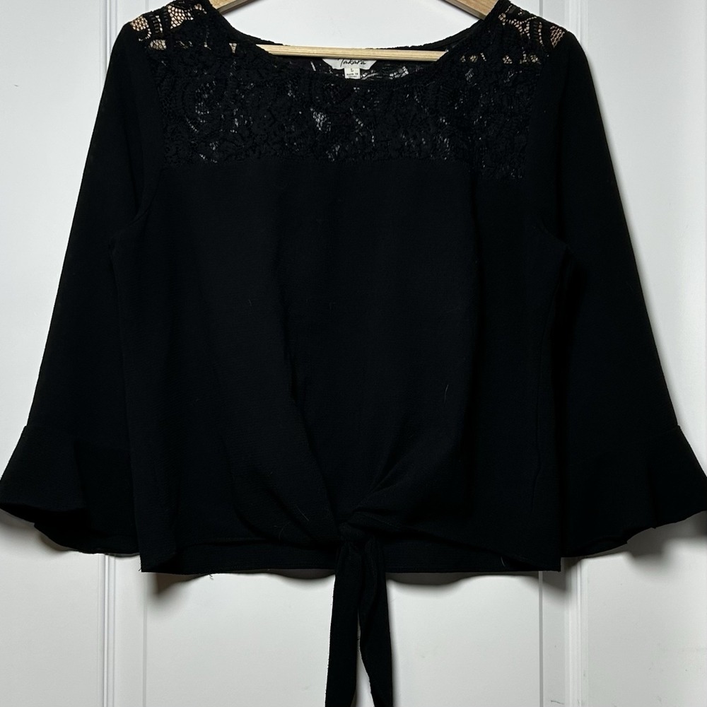 Takara Black Floral Lace Bell Sleeve Tie Front Blouse Dark Boho Whimsigoth Style